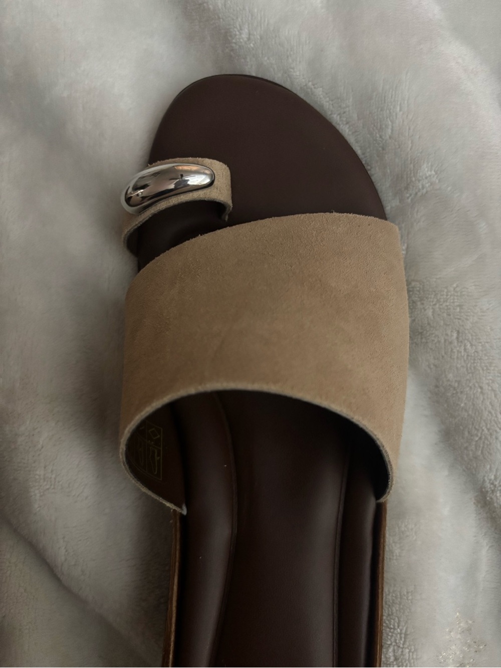 Dolce Vita Beige Suede Slide Sandals with Silver Accent - Picture 6 of 8